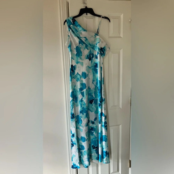 NWT Donna Karan Women's Blue Abstract Floral Printed One-Shoulder Draped Dress 6 - Picture 7 of 11